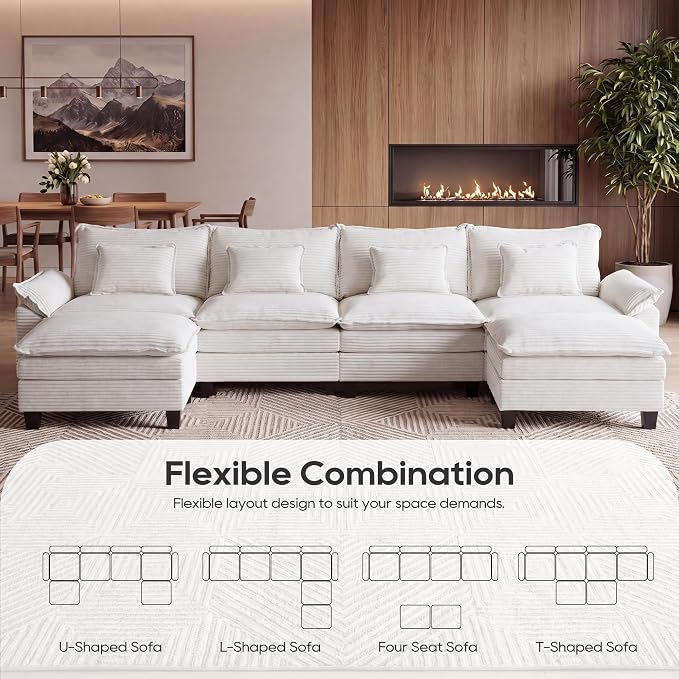 URRED Oversized Modular Sectional Sofa, 157" U Shaped Modern Comfy Cloud Couch with Movable Ottoman & Pillows, Deep Seat Couches for Living Room, Bedroom or Apartment (Corduroy Beige, 157" U Shaped)