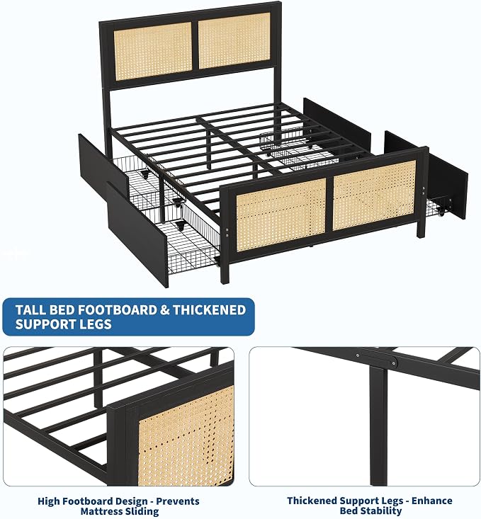 Garvee Rattan King Bed Frame with 4 Storage Drawers, Boho Cane Bed Frame with LED Headboard (7 Colors), Strong Metal Slats Support, Noise Free, No Box Spring Needed, Easy Assembly, Black