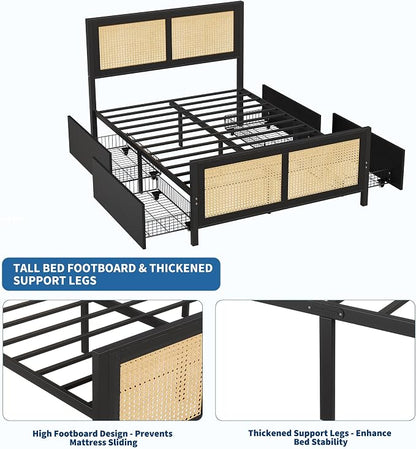 Garvee Rattan King Bed Frame with 4 Storage Drawers, Boho Cane Bed Frame with LED Headboard (7 Colors), Strong Metal Slats Support, Noise Free, No Box Spring Needed, Easy Assembly, Black