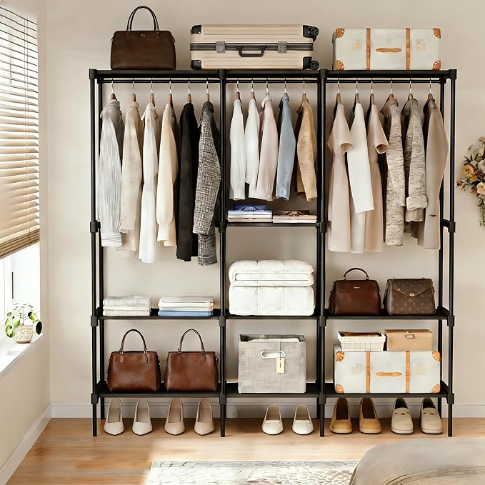 Simple Deluxe Clothes Rack, Heavy Duty Clothing Rack, 4-Shelf Portable Adjustable Wardrobe Closet with Hanging Rods, 80.7" W x 15.5" D x 77.1" H, Black