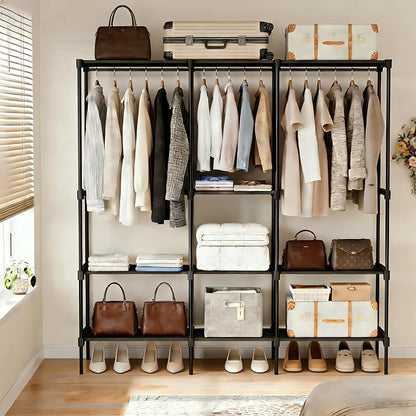 Simple Deluxe Clothes Rack, Heavy Duty Clothing Rack, 4-Shelf Portable Adjustable Wardrobe Closet with Hanging Rods, 80.7" W x 15.5" D x 77.1" H, Black