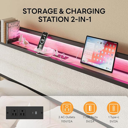 LIKIMIO Queen Bed Frame with Storage Headboard and LED Lights, Metal Platform Bed with Charging Station, Noise Free, No Box Spring Needed, Under Bed Storage, Natural and Cream