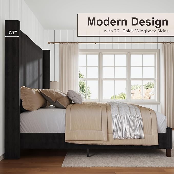 HOWE Queen Bed Frame with 61.4" Extra Tall Headboard, Corduroy Upholstered Bed with Vertical Wingback Headboard, No Box Spring Needed/Noise Free/Solid Wood Slats & Legs/Black