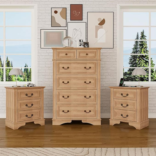 Farmhouse Dresser and Nightstand Sets, 6-Drawer Dresser & 3 Drawer Nightstand Sets, 3 Pieces Rustic Wood Bedroom Furniture Set for Home, Bedroom, Hallway（Natural）