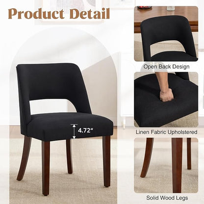 Dining Chairs Set of 2,Modern Dining Room Chairs with Thick Cushions,Upholstered Linen Fabric Kitchen Chairs for Kitchen Dining Room Black
