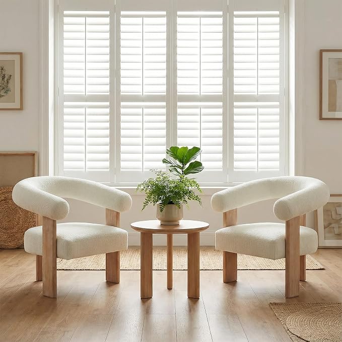 VKNOW Accent Chairs Set of 2, Modern Upholstered Living Room Chair Armchair with Solid Wood Legs, Comfy Barrel Arm Chairs for Living Room Bedroom, Cream
