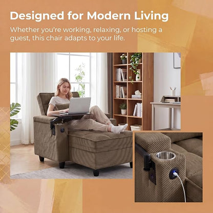 Convertible Sleeper Chair, Pull Out Sofa Bed with Adjustable Backrest & Hidden Storage Armrest, Single Sofa Recliner with USB Charging Port & Cup Holders for Living Room, Bedroom, Coffee