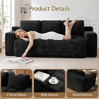 70” Boneless Couch, 3 Seater Sofa Couch with Extra Deep Seats 3 Pillows,Corduroy Modern Small Couch for Living Room, Office, Bedroom, Apartment,Black
