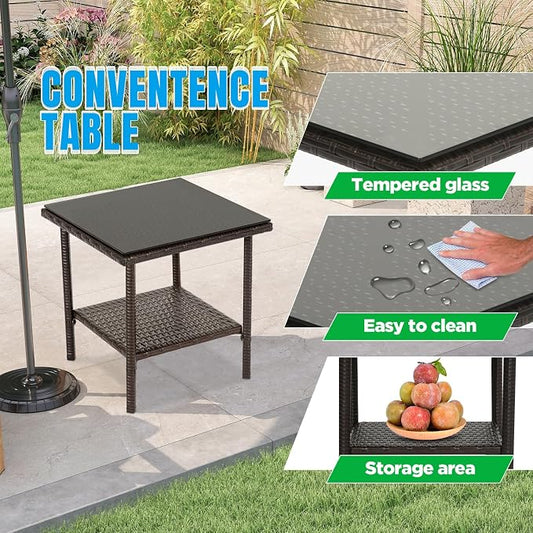 FDW | 3-Piece Patio Furniture Set | Brown & Blue | Outdoor Wicker Furniture with Coffee Table | Modern Rattan Chairs Conversation Set | Outdoor Seating | Weather-Resistant | for Porch, Garden, Lawn