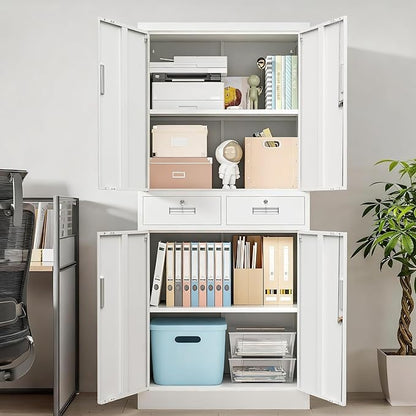 Wanfu Metal Storage Cabinet, Locking Storage Cabinet with Adjustable Shelves and 2 Drawers, 16" D x 32" W x 71" H Steel Cabinets for Office, Garage, Home, Classroom, Utility Room(White)