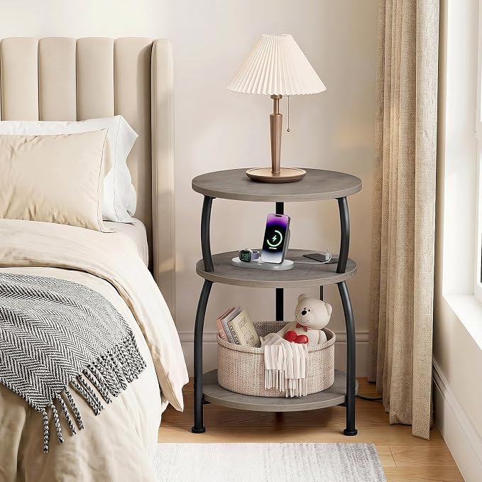 Round Side Table with Power Outlet & USB Ports, 3-Tier End Table with Storage Shelf, 15.7" Wide Nightstand for Small Spaces, Tall Bedside Table Capable of Charging Laptops & Phones, Rustic Brown