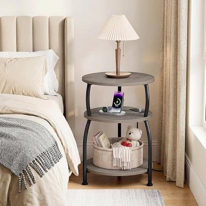 Round Side Table with Power Outlet & USB Ports, 3-Tier End Table with Storage Shelf, 15.7" Wide Nightstand for Small Spaces, Tall Bedside Table Capable of Charging Laptops & Phones, Rustic Brown