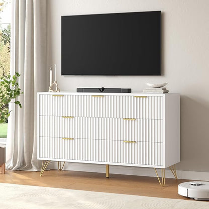 White Dresser for Bedroom, 7 Drawers Dresser with Golden Handles, Modern Wood Chest for Living Room, Hallway, Entryway