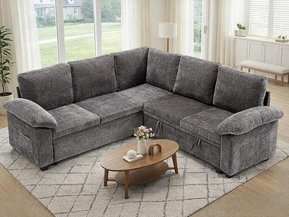 85" Modular Sectional Sofa Bed with Storage, L Shaped Pull Out Couch, Removable Chenille Sofa Cover for Living Room (Grey, 5 Seat)