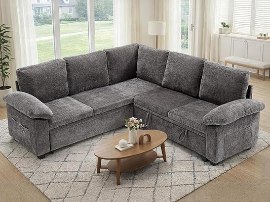85" Modular Sectional Sofa Bed with Storage, L Shaped Pull Out Couch, Removable Chenille Sofa Cover for Living Room (Grey, 5 Seat)