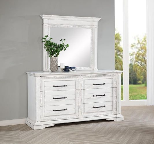 Coaster Home Furnishings - McKinney - Poplar Wood - 6-Drawer Dresser with 50-Inch Rectangular Mirror, Traditional Style, Jewelry Tray, and Antique Bronze Hardware - Bedroom - Vintage White - 215873M