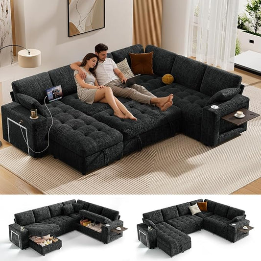 Vipbear 111" Modular Sectional Sleeper Sofa with Pull Out Bed, 7 Seat Chenille L Shaped Couch with Storage Chaise|USB Ports|Cup Holders|Side Table|LED Light, Tool Free Assembly, Black
