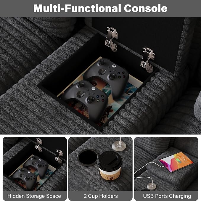 143" Oversized U Shaped Cloud Sectional Couches for Living Room, Comfy Fluffy Corduroy Dark Grey Boneless Couch, Large Modular Sectional Sofa Set with Chaise, Cup Holder, USB Port, Storage Console