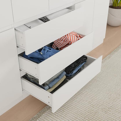 Bobve78 H Large 6 Doors Wooden Wardrobe, Armoire Wardrobe Closet with Drawers, Hanging Rod and Shelves, Bedroom Freestanding Armoire Closet Organizer, White