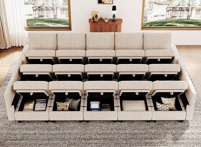 Belffin Large 15 Seat Modular Sectional Sofa with Storage Seat Corduroy Sleeper Sectional Sofa Bed Oversized Convertible Modular Couch for Living Room Beige