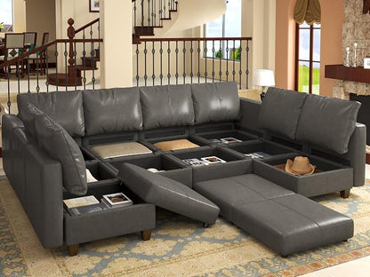 EASE MOOSE Modualr Sectional Couch U Shaped Sofa with Storage Ottomans, Gray Faux Leather Sectional Sofa Modular Couch