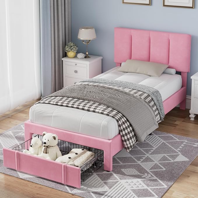 VECELO Twin Size Bed Frame with Storage Drawer, Heavy-Duty Bedframe with Tufted Headboard & Wooden Slats & Steel Framework, No Box Spring Needed, Pink