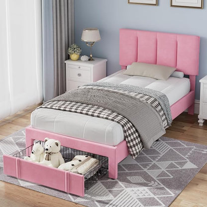 VECELO Twin Size Bed Frame with Storage Drawer, Heavy-Duty Bedframe with Tufted Headboard & Wooden Slats & Steel Framework, No Box Spring Needed, Pink