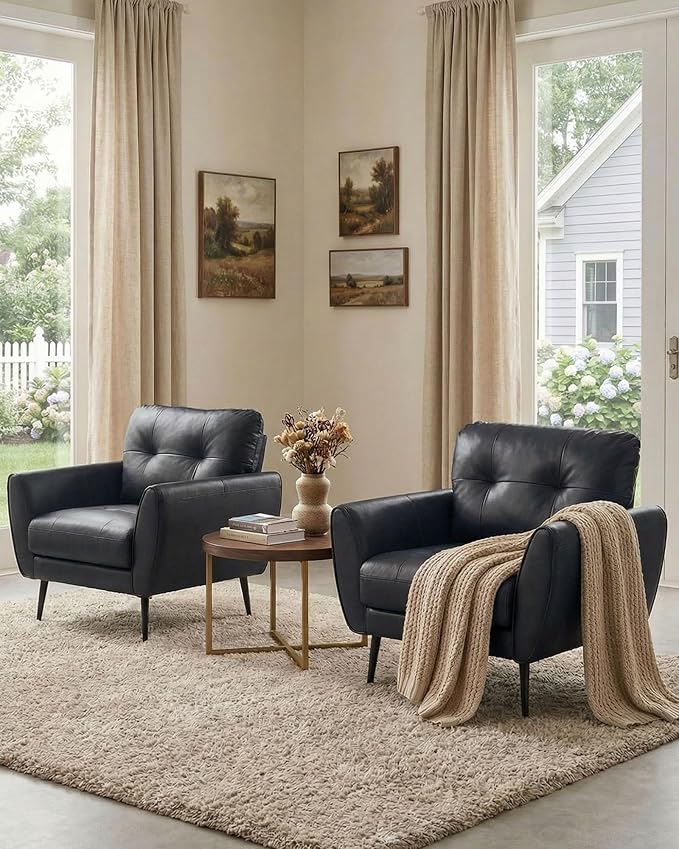 TYBOATLE Accent Chairs Set of 2, Comfy Modern Living Room Chair Black Leather Reading Accent Chairs Tufted Mid Century Arm Chair Small Salon Chair for Office Bedroom (2, Black)