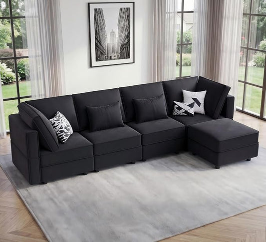 Vesgantti Sectional Couches with Storage Seats, 118" L Shaped Convertible Modular Sectional Sofa, 4 Seat & 1 Ottoman Velvet Storage Chaises Deep Seat Couch for Living Room, Bedroom, Apartment, Black