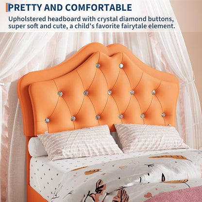 Garvee Twin Size Bed Frame with LED Lights & Velvet Crystal Button Headboard, Upholstered Boy/Girl Platform Bed with Storage Drawer, Noise Free, No Box Spring Needed for Kids, Teens, Orange