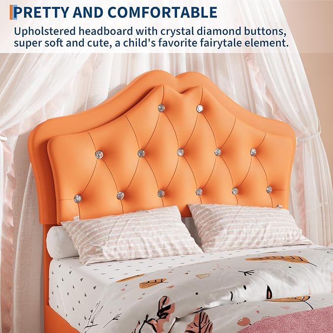Twin Size Bed Frame for Girls with Storage Drawers & LED Lights, Upholstered Platform Bed, Velvet Crystal Button Princess Bed, Noise-Free Slats, No Box Spring Needed for Kids, Teens, Orange