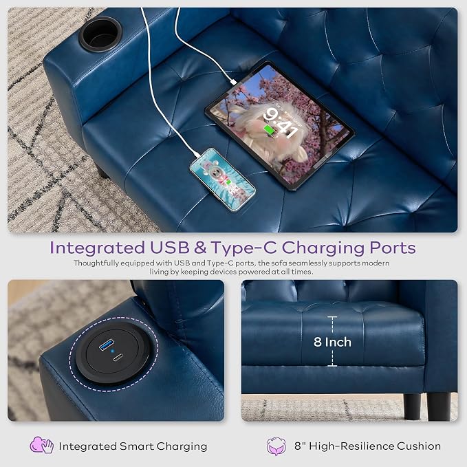 TYBOATLE 62" W Leather Loveseat w/ 2 USB and 2 Cupholders, Mid-Century Modern Tufted Small Love Seat Couches for Office, Living Room, Bedroom, Dorm (1, Blue)