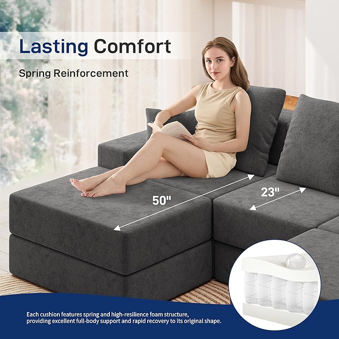 Living&Giving 101" U-Shaped Cloud Sectional Couch for Living Room, Cloud Boneless Couch-No Assembly with Reversible Chaise, Customizable 3-Seat Modular Sectional Sofa with 2 Ottoman,Dark Grey