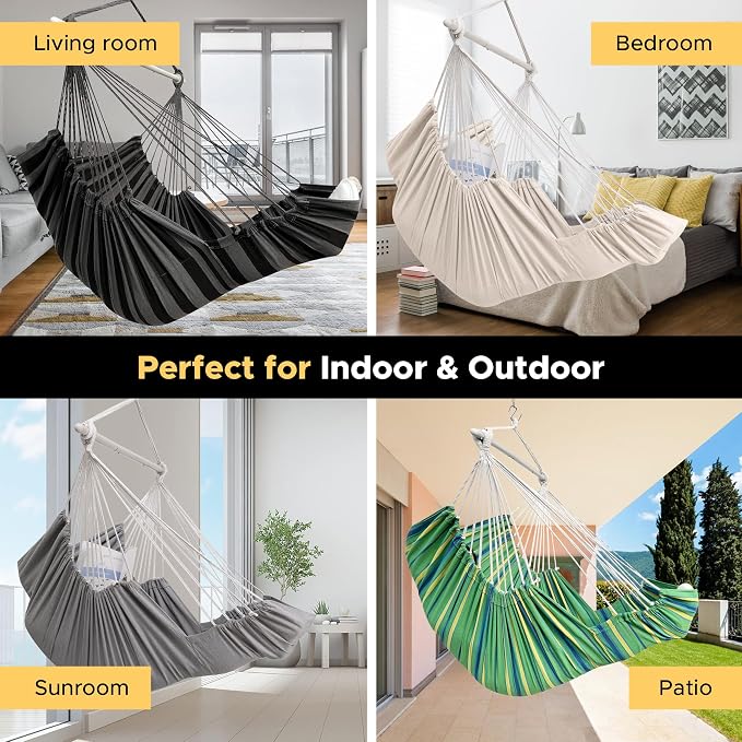 ADVOKAIR Hanging Hammock Chair Large Swing Chair with Foot Rest and Hardware,Max 500lbs,Steel Spread Bar with Anti Slips, 2 Cushions and Side Pocket,Indoor/Outdoor Use…