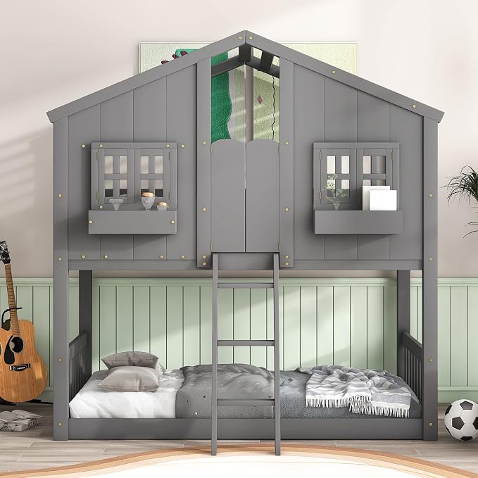 GDFStudio Twin Over Twin House Bunk Bed with Roof,Windows,Door,Window Boxes,Safety Guardrails & Ladder,Pine Wood Frame,Low-Height Kids Bunk Beds for Bedrooms,Playful Loft Bed with Easy Assembly, Grey