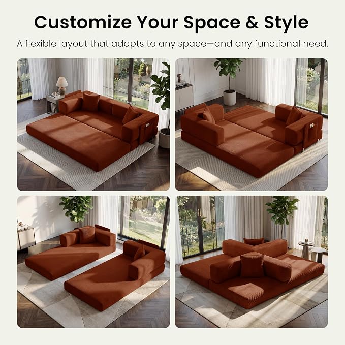 78.8" Convertible Futon Sofa Bed,Corduroy Futon Couch with Storage Pocket,Folding Pull Out Sofa,No Assembly Boneless Couch for Living Room,Rust Red