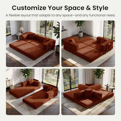 78.8" Convertible Futon Sofa Bed,Corduroy Futon Couch with Storage Pocket,Folding Pull Out Sofa,No Assembly Boneless Couch for Living Room,Rust Red