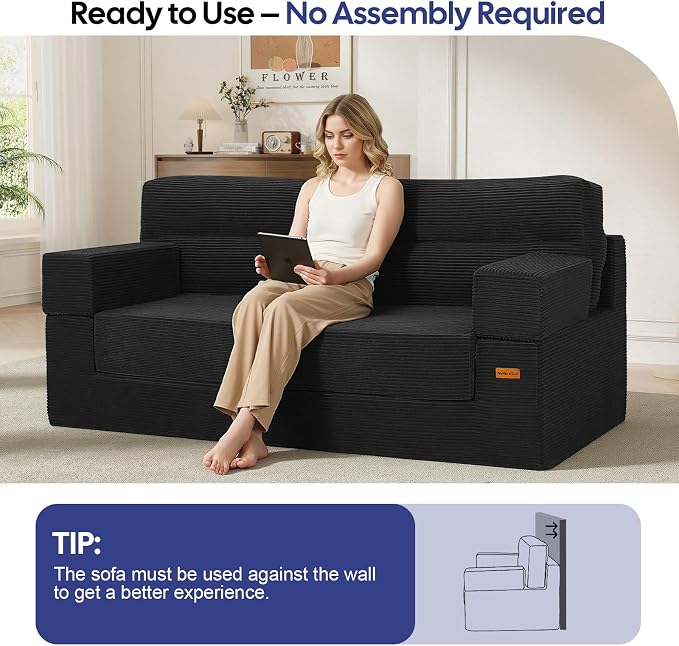 MeMoreCool Queen Sofa Bed, 4-in-1 Pull Out Couch Bed with Wedge Pillow, Boneless Futon Sleeper Loveseat, No Assembly Folding Sofa for Living Room Guest Room, Black Corduroy