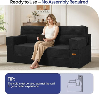 MeMoreCool Queen Sofa Bed, 4-in-1 Pull Out Couch Bed with Wedge Pillow, Boneless Futon Sleeper Loveseat, No Assembly Folding Sofa for Living Room Guest Room, Black Corduroy