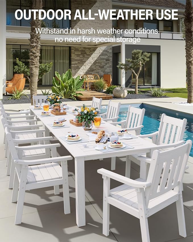 YEFU Outdoor Patio Dining Sets: All Weather 12 Piece Dining Table Set for 10 with Umbrella Hole & Aluminum Frame - Outdoor Furniture 2 Table and 10 Chairs for Outside Backyard/Porch/Deck White