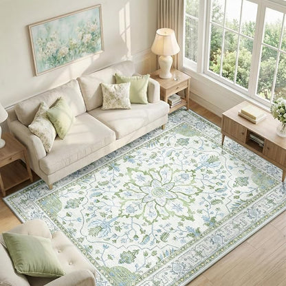 RELEANY Area Rugs 6'x9' Washable Non-Slip, Floral Vintage Distress Medallion Carpet for Living Room Bedroom Dining Room, Green White Blue