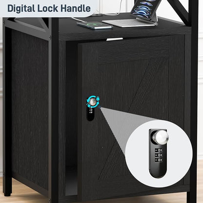 Night Stand Set 2, Bedroom Nightstands, Matching Bedside Tables, Black | Lock and Charging Station with USB C Port, Large Lockable Storage Cabinet, End Table with Door, Metal and Wood Bed Side Table