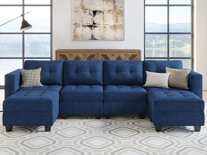 Belffin Reversible Storage Modular U-Shape Sectional Sofa Couch with Double Chaises Modular Sectional Sofa Set with Ottomans Fabric Blue