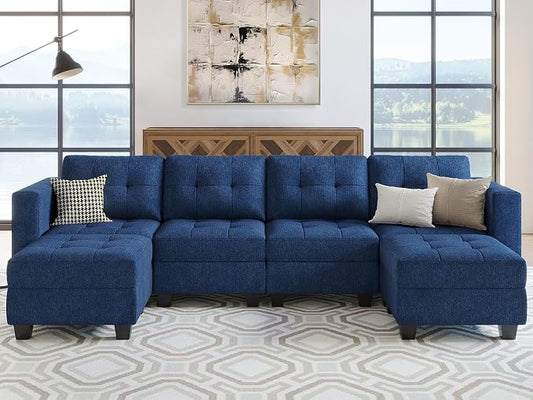 Belffin Reversible Storage Modular U-Shape Sectional Sofa Couch with Double Chaises Modular Sectional Sofa Set with Ottomans Fabric Blue