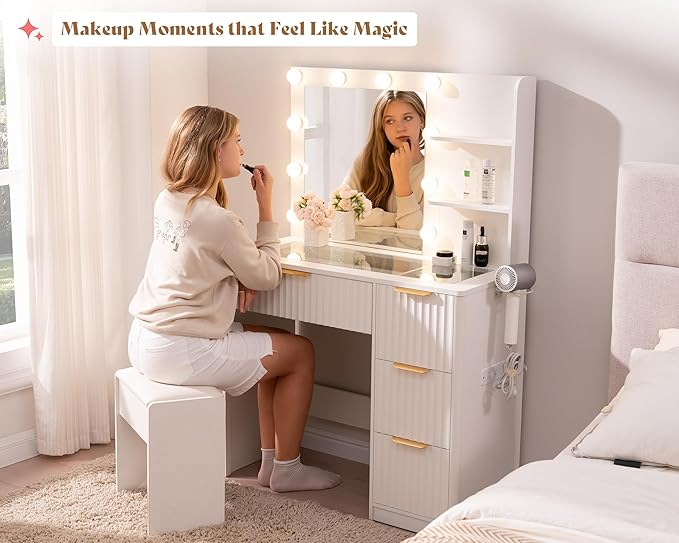 AMERLIFE 36.2" Fluted Vanity Desk with Mirror and Adjustable LED Lights, Large 4 Drawers Makeup Vanity Table with Glass Top and Charging Station for Women and Girls, Bedroom or Dorm, White
