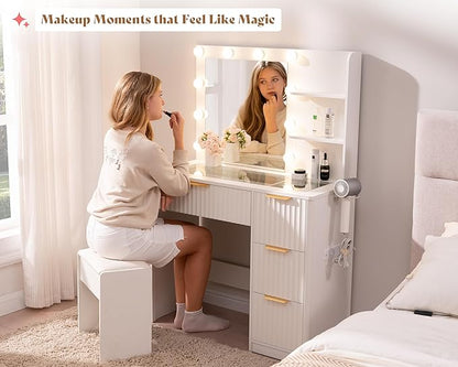 AMERLIFE 36.2" Fluted Vanity Desk with Mirror and Adjustable LED Lights, Large 4 Drawers Makeup Vanity Table with Glass Top and Charging Station for Women and Girls, Bedroom or Dorm, White