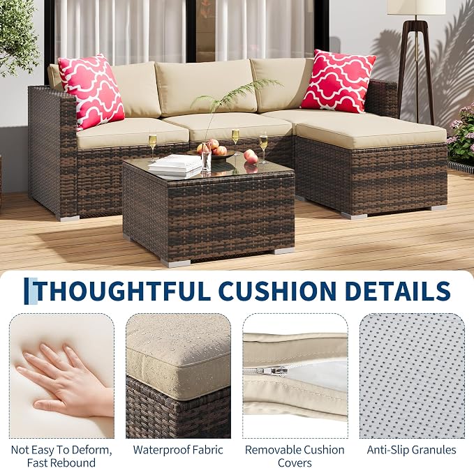 GAOMON 5-Piece All-Weather Patio Furniture Set, Convertible Outdoor Sectional Sofa with Ottoman & Tempered Glass Table, PE Rattan Conversation Set for Garden, Backyard, Porch, Poolside