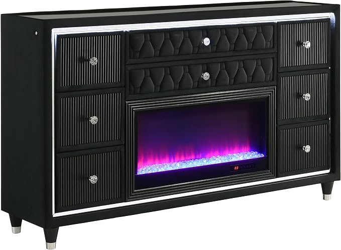 Coaster Home Furnishings - Lorient - Wood and Velvet - 8-Drawer Dresser with Flame Box, LED Lighting, Crystal Knobs and Traditional Style - Bedroom - Black - 223163FB