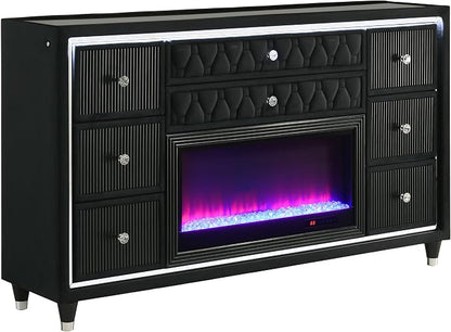 Coaster Home Furnishings - Lorient - Wood and Velvet - 8-Drawer Dresser with Flame Box, LED Lighting, Crystal Knobs and Traditional Style - Bedroom - Black - 223163FB