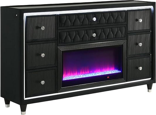 Coaster Home Furnishings - Lorient - Wood and Velvet - 8-Drawer Dresser with Flame Box, LED Lighting, Crystal Knobs and Traditional Style - Bedroom - Black - 223163FB